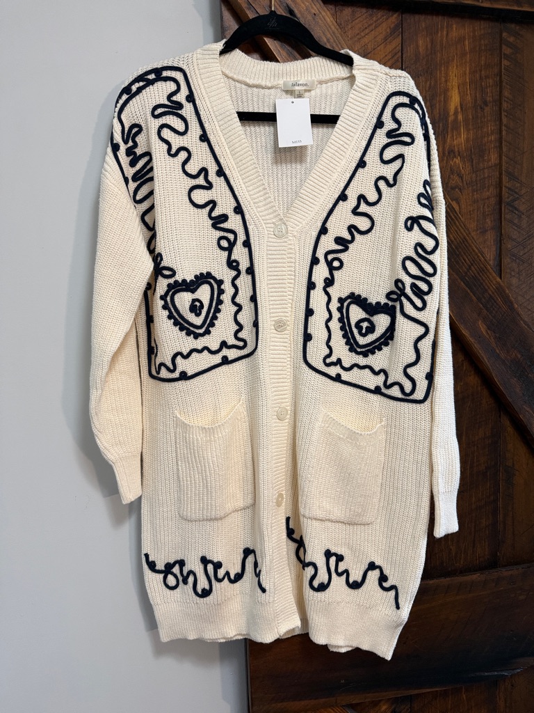 Embroidered Cream Longline Cardigan With Navy Detail - Women Sweaters